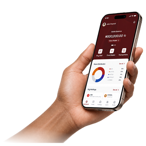 A hand holding a phone showing the InvestEd+ app dashboard